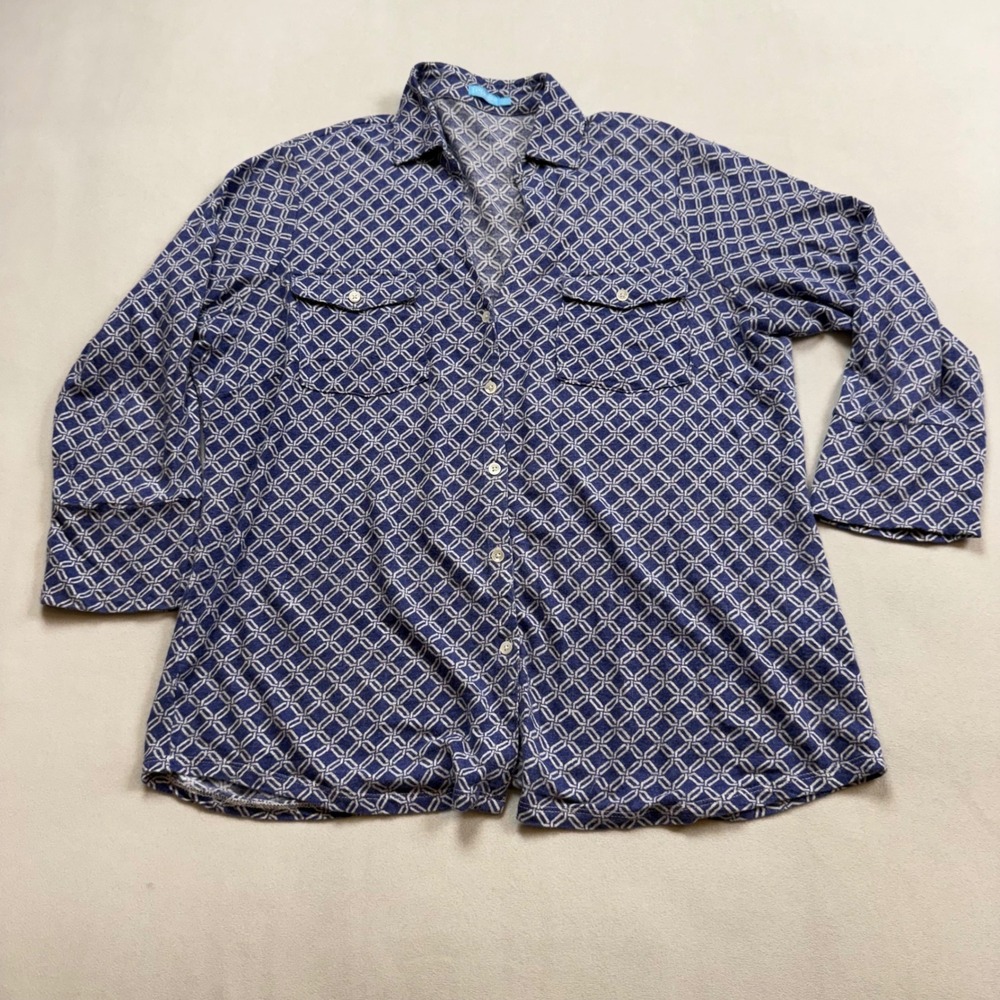 J. McLaughlin Womens Large Blue White Geometric Linen Blend Button Down Shirt